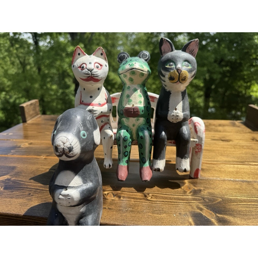 Vintage Hand Carved Wood Folk Art Animals Cat Frog Dog Indonesian Set